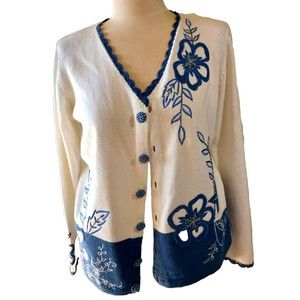 Storybook Knits Rare Vintage White Blue Flowers Cardigan Embroidered Beaded Sz S